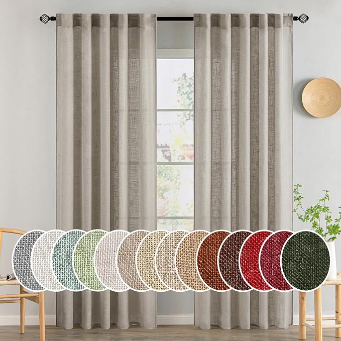 MIULEE Burlywood Birch Linen Curtains 84 Inch Length 2 Panels for Bedroom Living Room, Soft Linen Textured Window Drapes Semi Sheer Light Filtering Back Tab Rod Pocket Farmhouse Burlap Look Decor