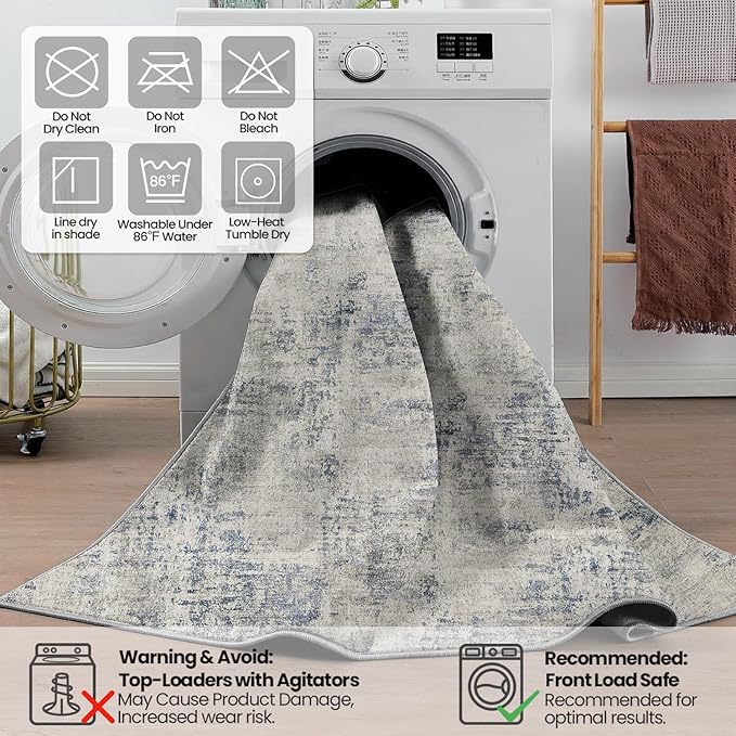DEXI Washable Area Rug for Living Room 5x8, Modern Abstract Soft Indoor Large Rugs, Stain Resistant Low Pile Carpet with Non Slip Backing for Dining Bedroom Office, Blue