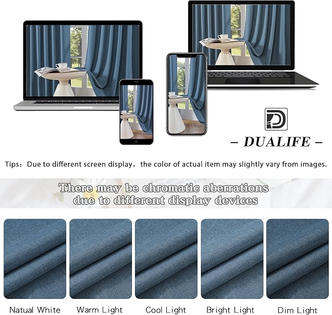 DUALIFE Blue Linen 100% Blackout Curtains 108 Inch Length 10FT Hall Curtains Back Tab Rod Pocket Drapes Thermal Insulated Textured Living Room Black Out Curtains 2 Panels Set 50x108