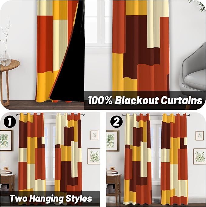 Tyrot Rust Burnt Orange 100% Blackout Curtains for Bedroom 84 inch Long 2 Panels Set Modern Abstract Geometric Black Out Curtains Insulated Room Darkening Window Drapes for Living Room, 52Wx84L