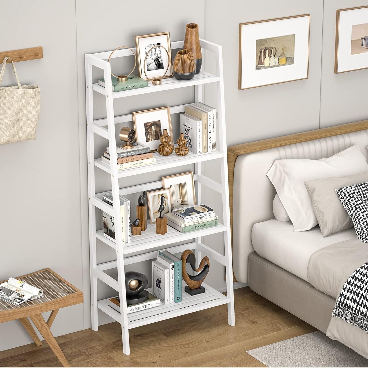 Homykic Bamboo White Bookshelf 4-Tier Ladder Shelf, 49.2” Freestanding Open Bookcase Book Shelf Bathroom Storage Shelf Unit Plant Stand for Small Space, Bedroom, Living Room, Home Office