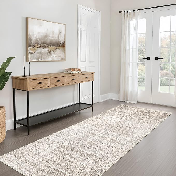 Runner Rug Non-Slip Kitchen Rug: 3x8 Washable Abstract Modern Soft Stain Resistant Indoor Floor Neutral Accent Throw Carpet for Hallway Bathroom Laundry Room Bedroom Entryway- Brown