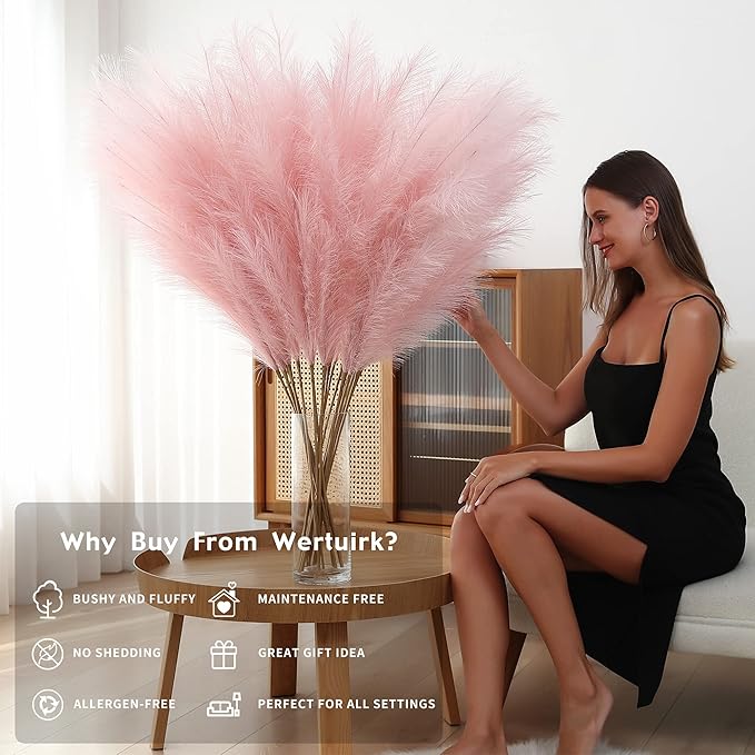 8 Pcs 45 inch Tall Faux Pampas Grass Decor, Large Artificial Pink Pompous Grass Bulk, Long Fake Pompas for Floor Vase Filler, Wedding, Baby Shower, Home and Boho Decor (Pink)