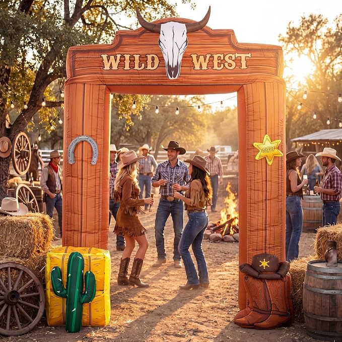 Seenelling 9 ft Western Cowboy Giant Inflatable Archway Decoration Brown Wild West Theme Arch Built-in LED Lights for Birthday Western Event Festival Entrance Outdoor Supplies