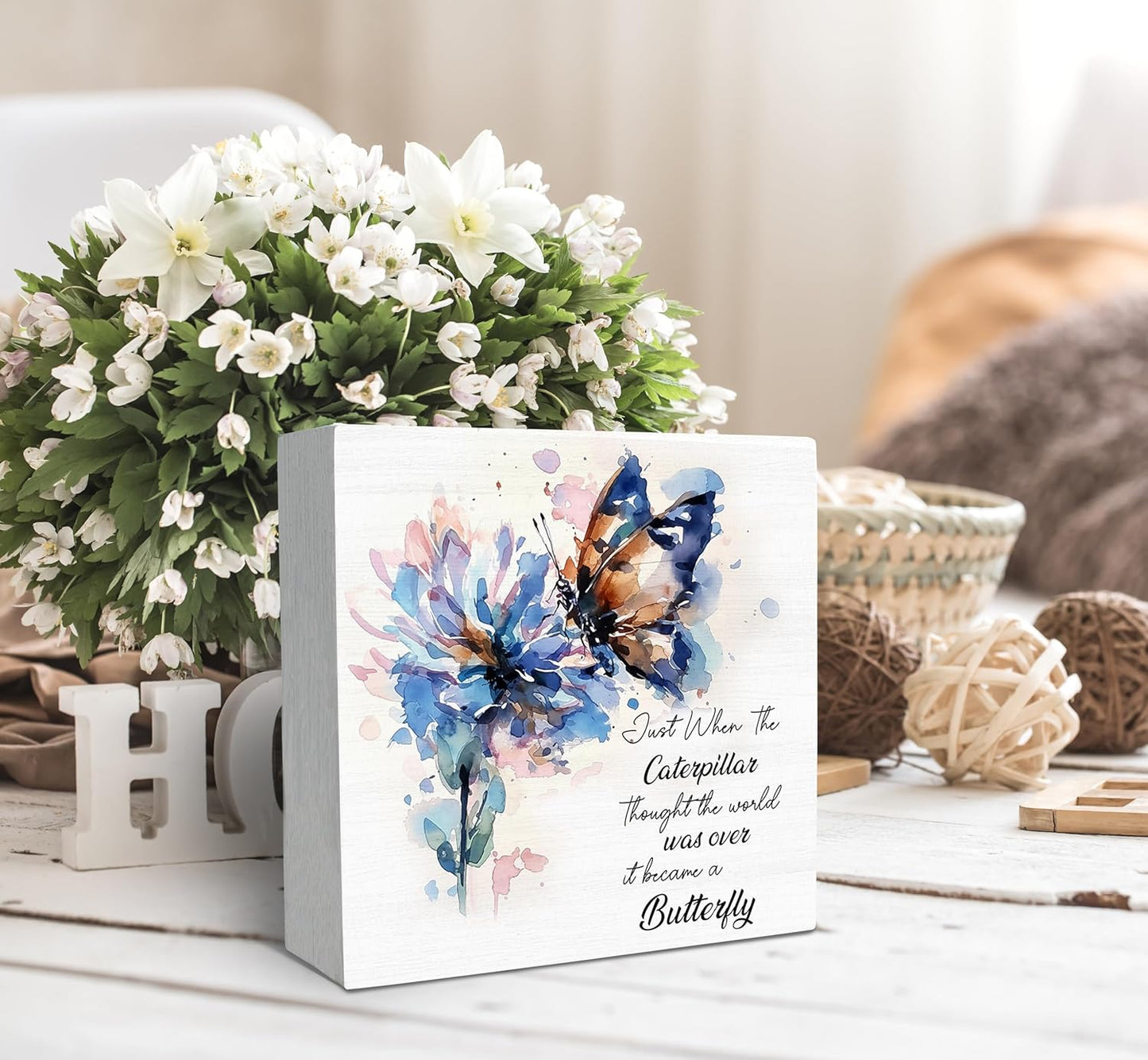 SRADMO Inspirational Desk Signs, Inspirational Butterfly Wood Box Sign Desk Decor, Motivational Desk Decor, Encouragement Theme Wooden Block Box Sign Decoration for Home Office Shelf Table Decor