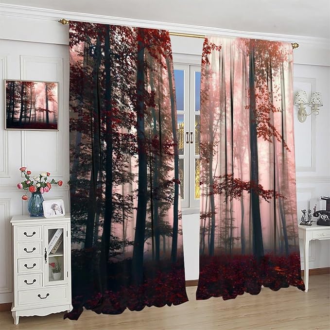 Forest Blackout Curtains for Kids,Watercolour Green Misty Nature Pine Tree Tree Forest Botanical Landscape Window Drapes for Boys Girls Bedroom Living Room Kitchen 42x45in