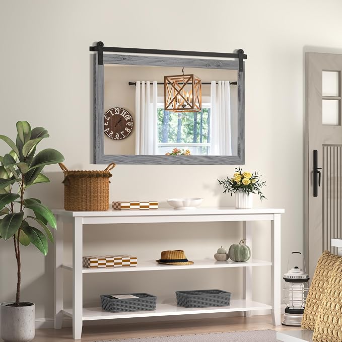 COGOOD Farmhouse Bathroom Mirror - 49 x 30 Large Rectangle Barn Door Mirror for Vanity, Bedroom, Living Room Wall Decor (Grey)