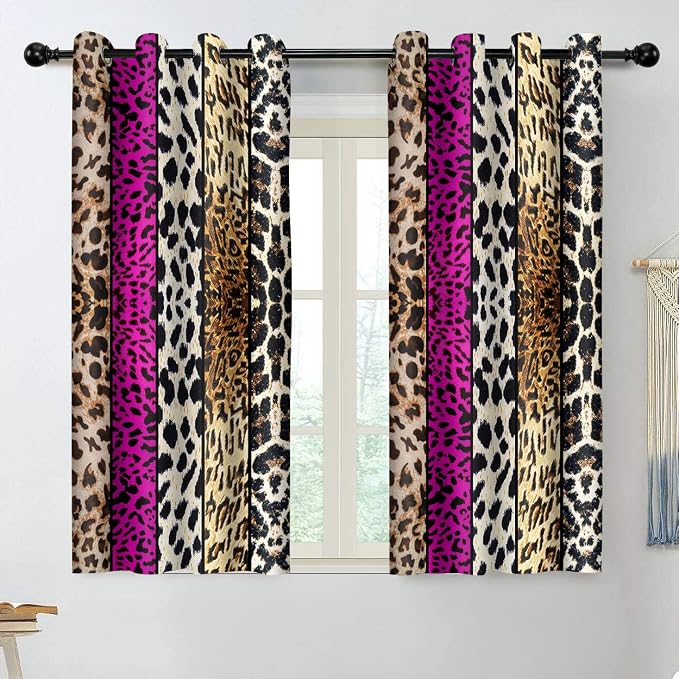 Wild Animal Print Curtain, Room Darkening Thermal Insulated Blackout Leopard Boa Window Drapes with Grommets for Living, Dining, Bedroom, Hot Pink Leopard Print, 52"x 63", 2 Panels