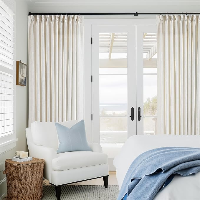 TWODRAPES Pinch Pleated Extra Wide Curtain Panels 96 Inches Long 70 Wide Linen Curtain for Patio Sliding Glass Door Semi Sheer Cream Hooks Rings Privacy 96 Inch Length for Living Room 70x96 1 Panel