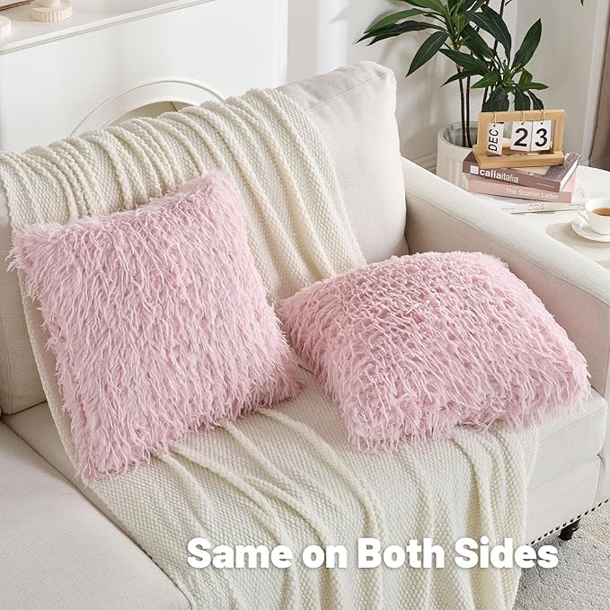 FUTEI Pack of 2 Faux Feather Plush Throw Pillow Covers 22x22 Inch Soft Fluffy Solid Farmhouse Decorative Cushion Cases Modern Luxury Accent for Couch Bed Living Room, Pink