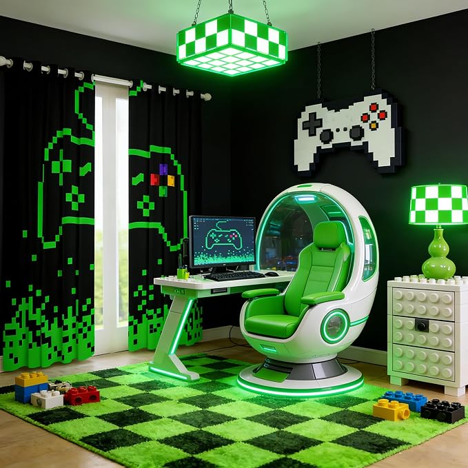Video Games Window Curtain,Miner Pixel Games Window Treatment Curtain for Boys Kids Teens Bedroom 100% Blackout Neon Green Block Building Curtains Modern Black Living Room Decor Top 2 Panels,42Wx84L