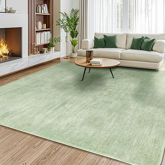 6x9 Washable Area Rug, Green Solid Area Rugs for Living Room & Bedroom | Stain-resistant & Non-slip backing,Low Pile Washable Large Carpet, Solid Vintage Style For High Traffic Areas(6x9,Green)