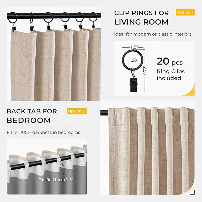 INOVADAY 100% Blackout Curtains for Bedroom, Black Out Curtains 102 Inch Long, Clip Rings Linen Blackout Drapes, Thermal Insulated Room Darkening for Living Room, 2 Panels - Oatmeal,W50xL102