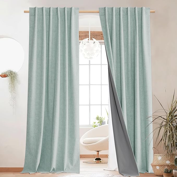 NICETOWN Full Blackout Linen Curtains 108" Length with Thermal Insulated Liners for Living Room, Farmhouse Style Keep Cool & Warm Large Window Drapes for Hall (Seafoam Green, 2 Panels, 52" Wide)