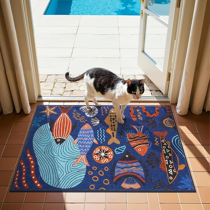 jinchan 2x3 Coastal Area Rug Kids Washable Fun Rug Colorful Ocean Fish Small Mat Non Slip Doormat Lightweight Soft Cozy Throw Carpet for Entryway Nursery Playroom Bedside Dorm Bathroom, Blue