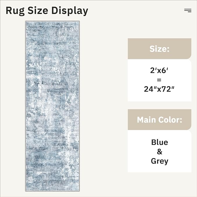 Soalmost Runner Rug 2'x6' Abstract Washable Non-Slip Runner Rugs for Kitchen Bathroom Laundry Room Blue Vintage Floor Carpet Runners for Hallway Entryway