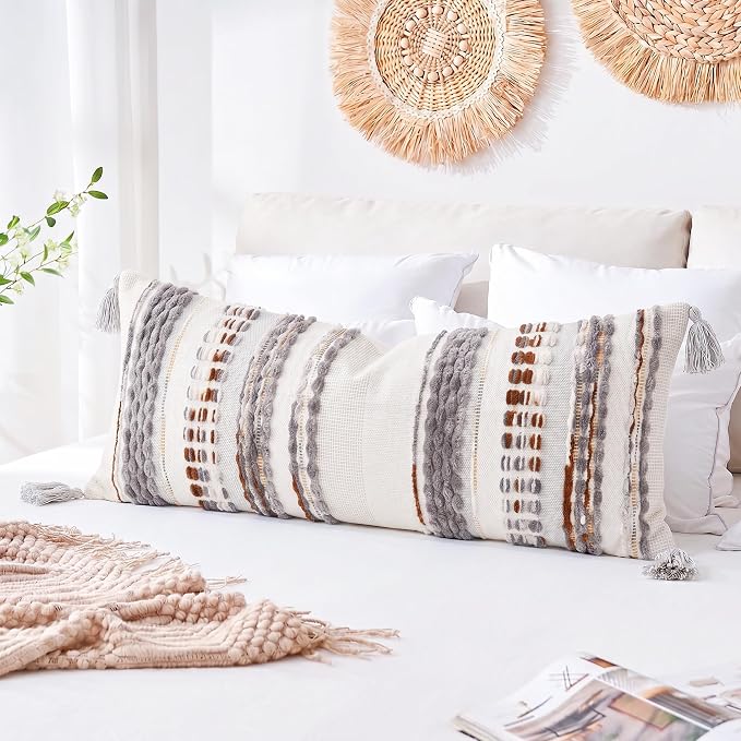 NUYECY Chenille and Cotton Long Pillow for Bed, Striped Textured Boho Lumbar Throw Pillow Cover 14x36, Neutral Accent Decorative Extra Long Body Pillow Case for Couch, Sofa, Bedroom, Brown-Grey
