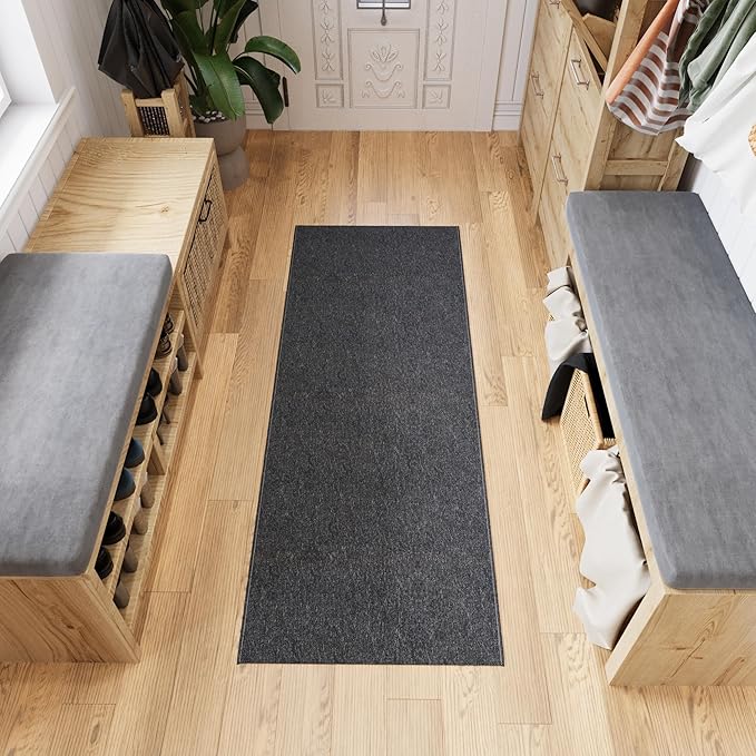 Ottomanson 1'10" x 7' Ultra-Thin Hallway Runner Rug - Durable Non-Slip Carpet for High-Traffic Areas - Fits Under Doors for Seamless Entry - Ideal for Kitchen, Entryway, Bedroom & Living Room, Black
