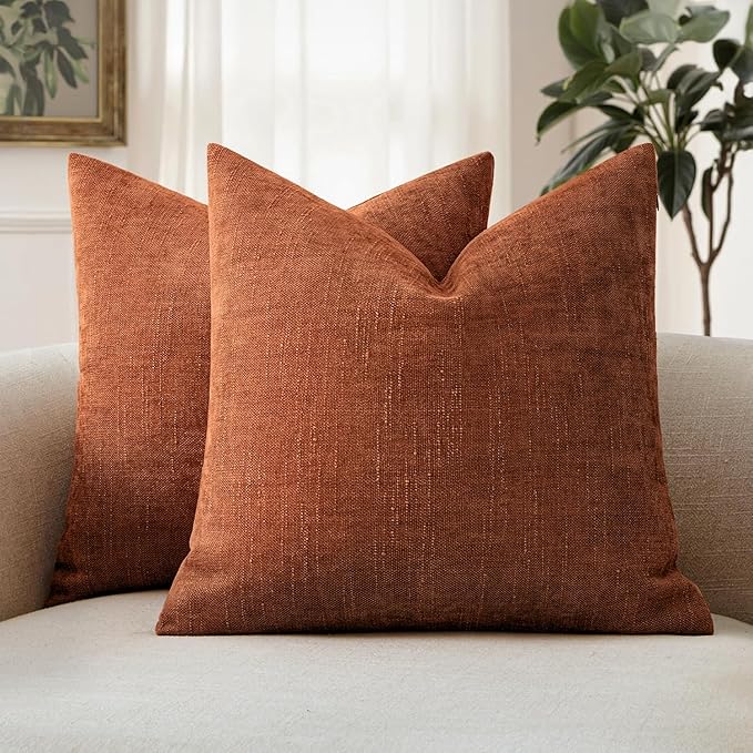 MIULEE Pack of 2 Decorative Throw Pillow Covers Soft Chenille Euro Throw Pillows Fall Solid Textured Cushion Covers for Couch Sofa Bedroom Living Room 24x24 Inch,Burnt Orange