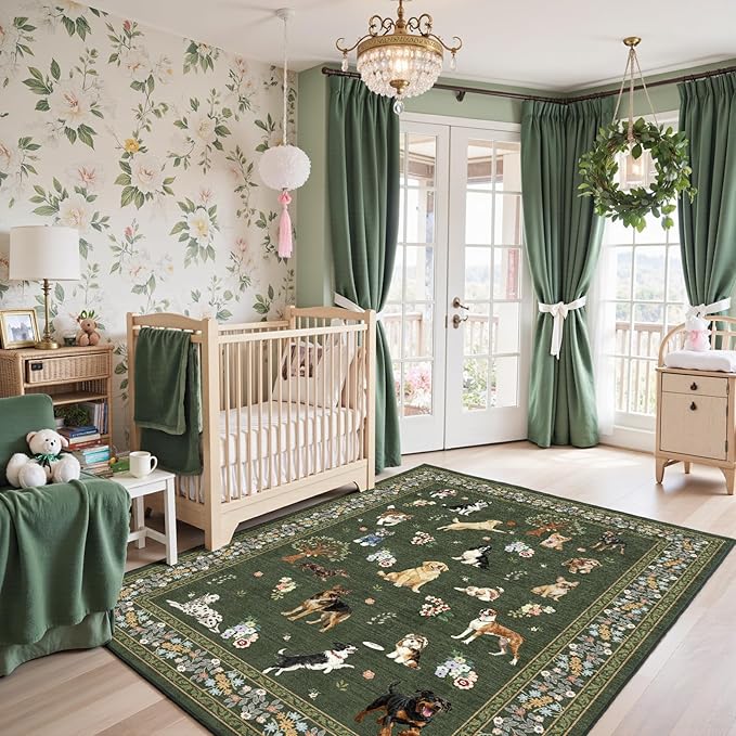 Area Rug 4x6 Dark Green Rug, Washable Boho Rugs Non Slip Low Pile Floral Dog Small Carpet for Bedroom, Bedside, Kids Room, Office, Dining Room(Dark Green, 4 x 6)