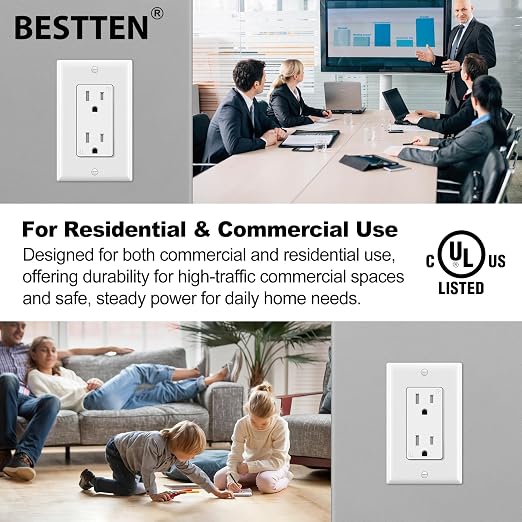 BESTTEN 20 Pack 15 Amp Tamper Resistant Decor Receptacle, Standard Electrical Wall Outlet, Residential and Commercial Use, 15A/125V/1875W, Wallplate Included, UL Listed, White