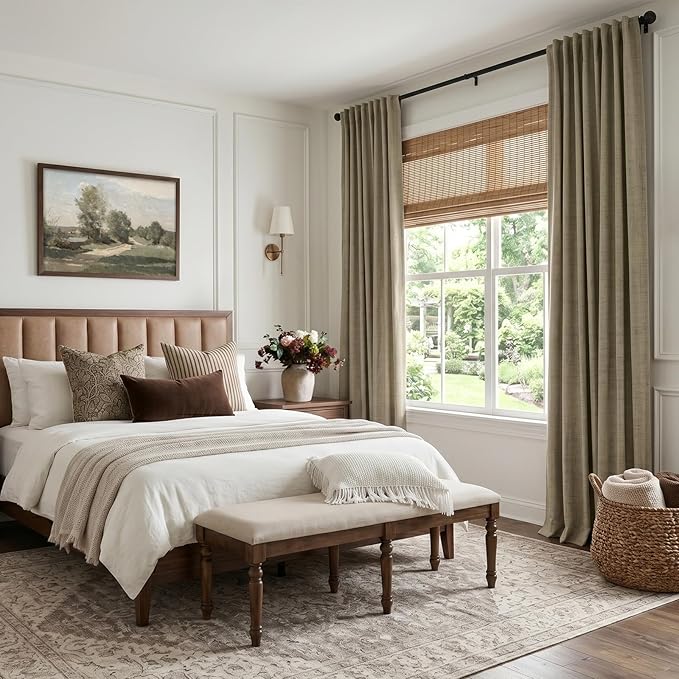 INOVADAY 100% Blackout Curtains 90 Inches Length 2 Panels Set, Back Tab/Rod Pocket Linen Black Out Curtains for Bedroom, Thermal Insulated Window Drapes - Earthy Beige, W50 X L90
