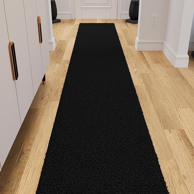 Ottomanson Long Shag Runner Rug 2' x 26', Fluffy Extra Long Hallway Runner with Non-Slip Rubber Backing, Soft Non-Shedding Rug for Corridor, Entryway, Kitchen, Laundry, Black