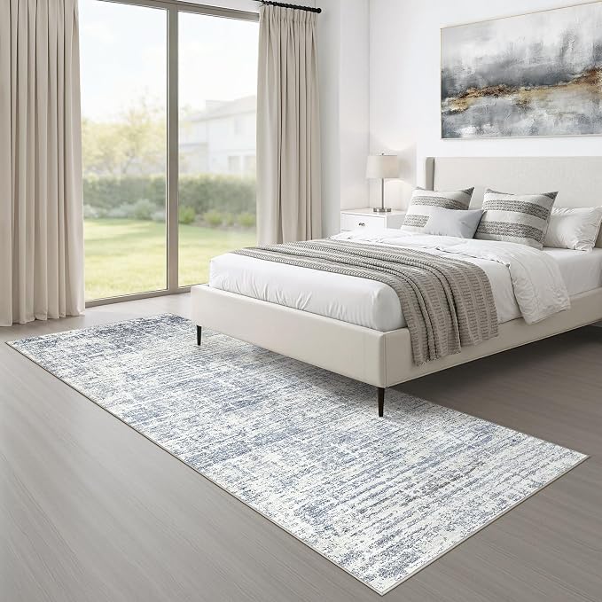 Runner Rug Non-Slip Kitchen Rug: 3x10 Washable Abstract Modern Soft Stain Resistant Indoor Floor Neutral Accent Throw Carpet for Hallway Bathroom Laundry Room Bedroom Entryway- Blue