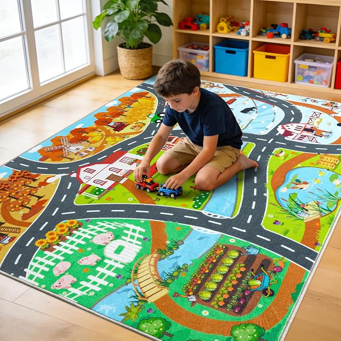 Kids Educational Rug, Town Country Barn Track Road Carpet Playmat with Non-Slip Backing, Play Mat for Roads Washable Rugs Four Seasons Theme Farm Scene Mat for Kids Room Bedroom Game Safe Area, 3'x4'