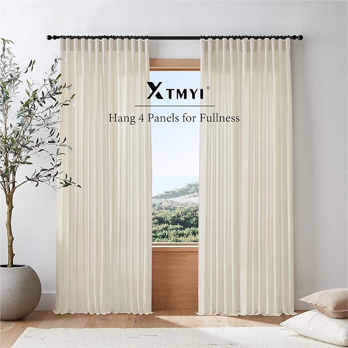 XTMYI Bathroom Window Curtains Short,Linen Sheer Boho Farmhouse Kitchen Curtains 45 Inch Length,Beige