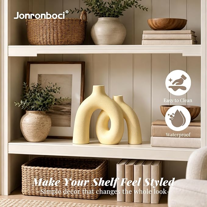 Hug Donut Decorative Vase Set - Beige Vase, Modern Nordic Boho Style Vases Home Decor, Matte Ceramic Decorations for Living Room Shelf, Bookshelf Mantle Entryway Table or Console Décor (Beige)