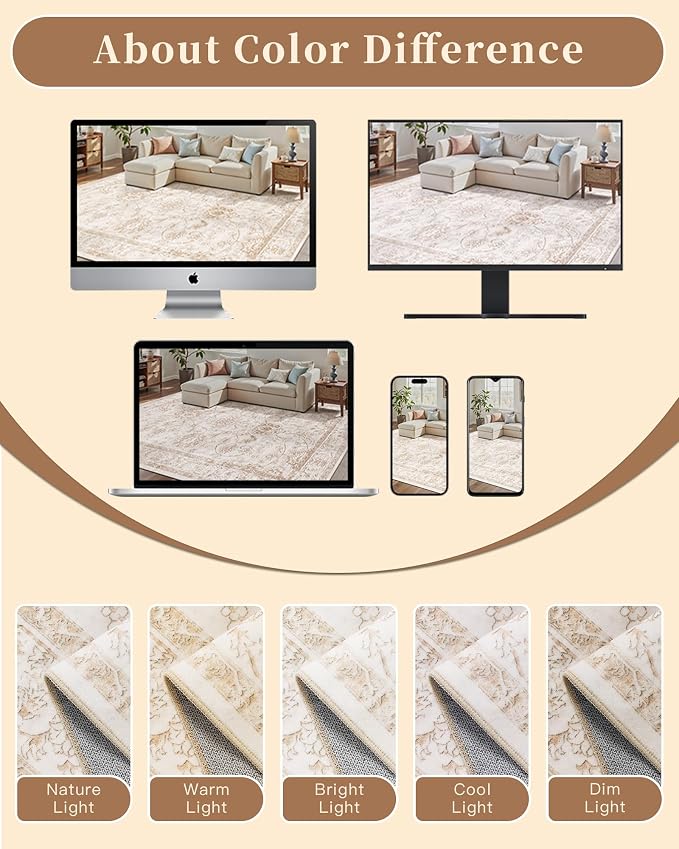 Madane 5x7 Area Rugs for Living Room, Washable Vintage Natural Rug with Non-Slip Backing, Soft Floral Print Throw Rugs Floor Low Pile Carpet for Bedroom Dining Room Farmhouse (5 x 7, Wood/Ivory)