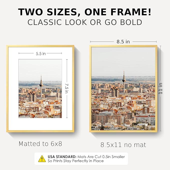 FLYJOE 8.5x11 Certificate Frame, Aluminum Diploma Frame for Document, Gold | Elegant Gold Document Frame with 6x8 Opening for Diploma, Certificate, Award & Letter Size Photo | Wall Kit Included
