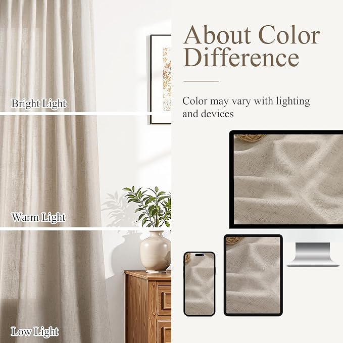 Aersas Cobblestone Linen Curtains 84 Inches Length for Living Room Flax Texture Wave Fabric Semi Sheer with Rod Pocket Back Tab for Bedroom Balcony Light Filtering Neutral Home Decor 52x84