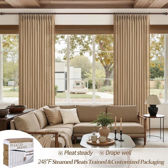 Rust Brown Pinch Pleated Thick Linen Curtains 90 Inches Long for Dining Room, Memory Shape Semi Sheer Light Filtering Drapes Privacy Decorative Curtain Window Burg 40 x 90 Inch Length 2 Panels Set