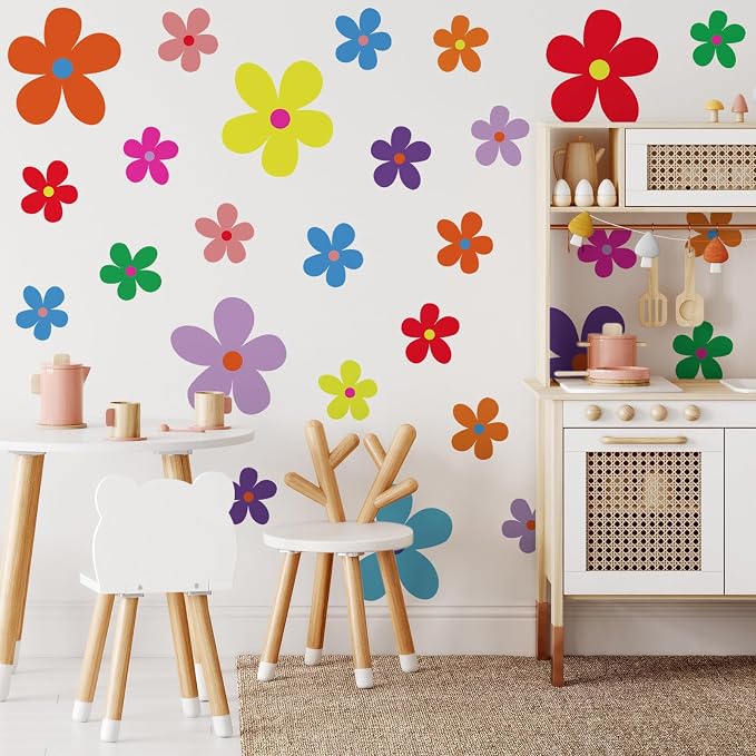 TaoBary 12 Sheet Daisy Wall Sticker Decal Removable Cute Daisy Bedroom Room Decor Flower Wall Sticker Pink White Flower Decal Wallpaper Peel and Stick for Nursery Home(Vivid Color,Exquisite Style)