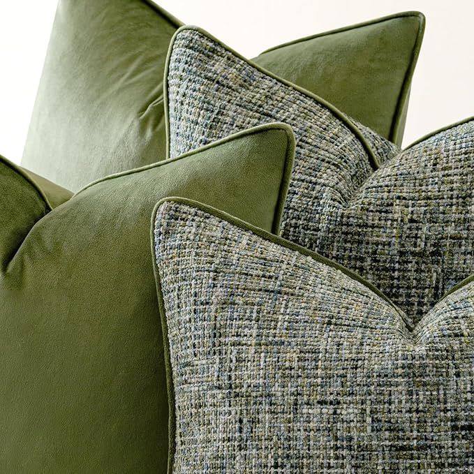 a moment Dark Green 4 Pack Throw Pillow Covers - Chenille & Velvet Set with Piping, Farmhouse Textured Design Pillow Cases for Couch Sofa Bed Livingroom (22x22 Inch, No Insert)