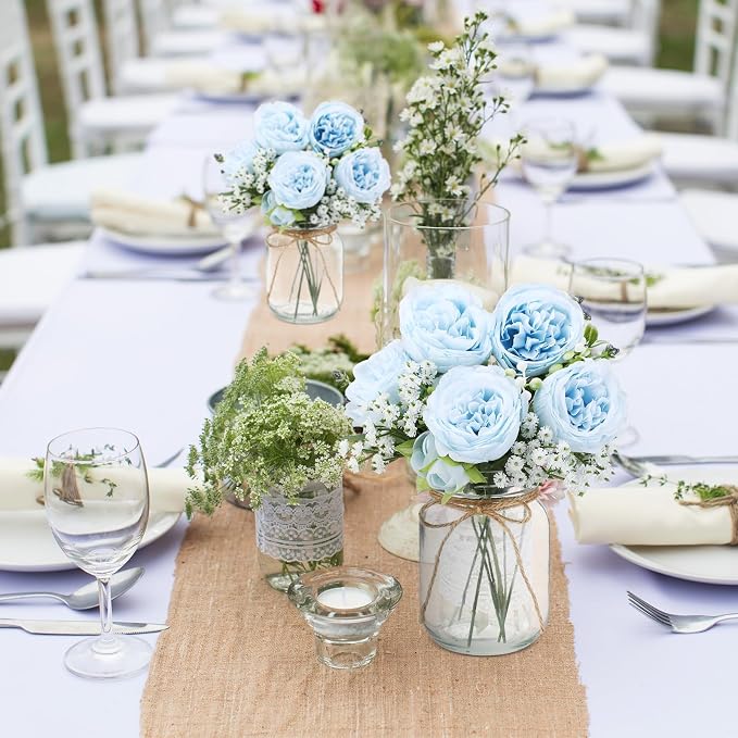 Zeyune 12 Sets Mason Jar Centerpiece Table Decorations, Artificial Peony Baby's Breath Flower Bouquets, Faux Flowers with Vase, Rustic Decor Gifts for Home, Wedding, Holiday (Blue)