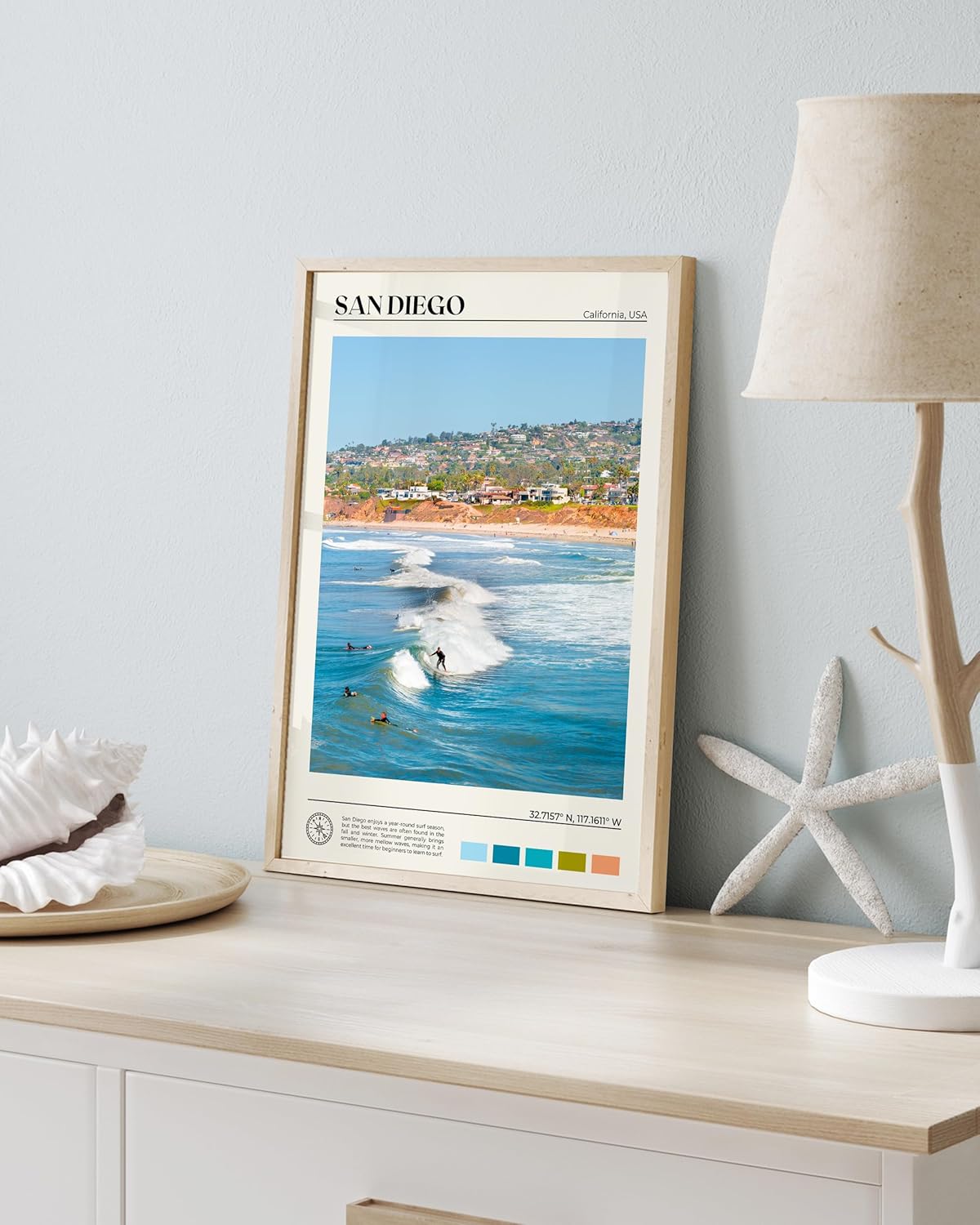 HesenDot Natural OAK Wood San Diego Surfing Framed Wall Art,12x16in Natural Seascape Canvas Wall Print,Classic Urban Landmark Wall Decor for Living Room,Bedroom,Office Gallery Gifts Set of 1