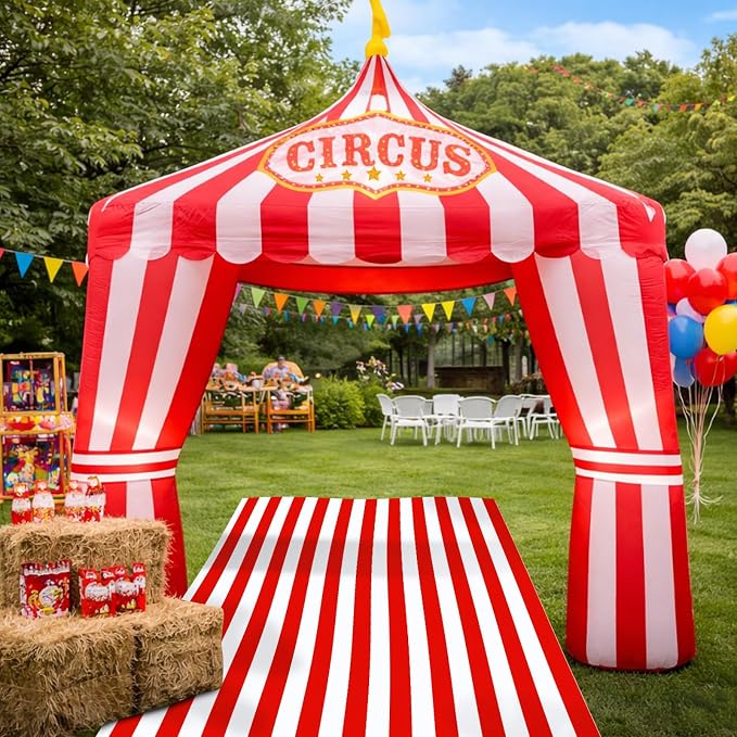 10ft Carnival Circus Tent Party Decorations, Red and White Striped Inflatable Arch with Build in LED Lights, Blow Up Tent and Floor Runner for Circus Carnival Halloween Birthday Party Decorations