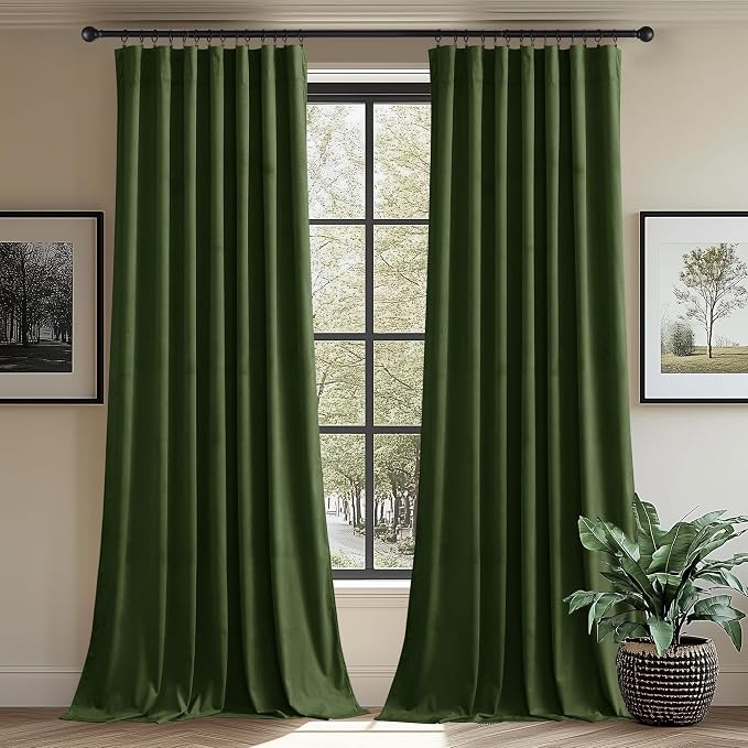 StangH 62 inches Wide Moss Green Velvet Thermal Curtains, 2 Panels | Noise Dampening Bedroom Window Drapes, 300GSM Soft Velvet, Christmas Holiday Decor, Thermal Insulated, Sliding Door, Gifts