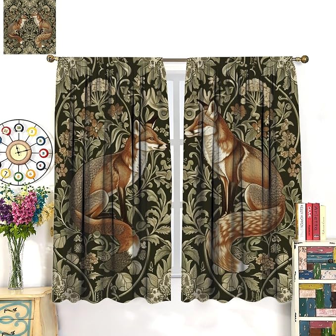 William Morris Blackout Curtains, Rustic Forest Fox Flower Botanical Art Rustic Window Drapes, for Bedroom Living Room 72" W X 63" L