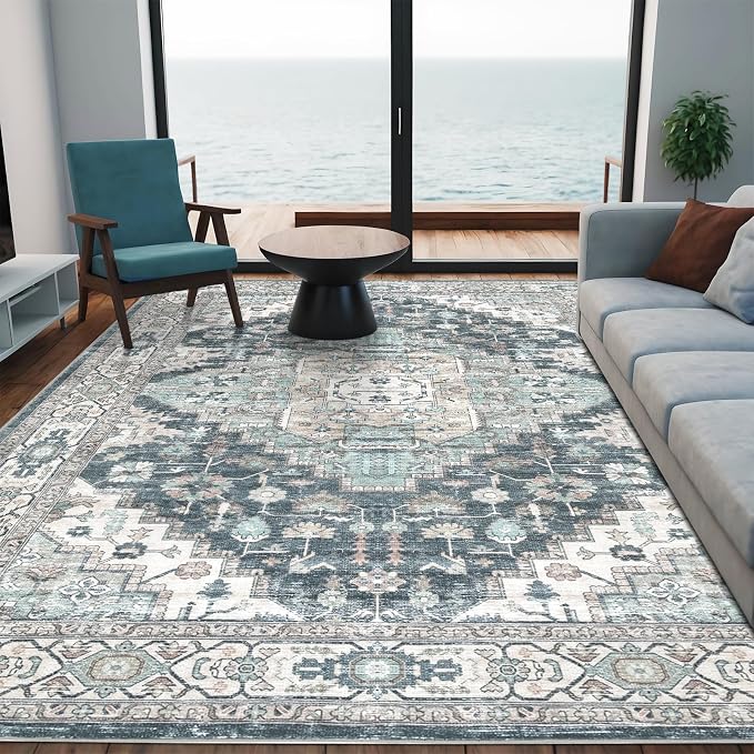 4x6 Vintage Washable Area Rug for Living Room,Low Pile Non Slip Carpet Non-Shedding Small Area Rug Soft Indoor Stain Resistant Rug Boho Print Mat for Bedroom Dining Room Blue Beige Multi