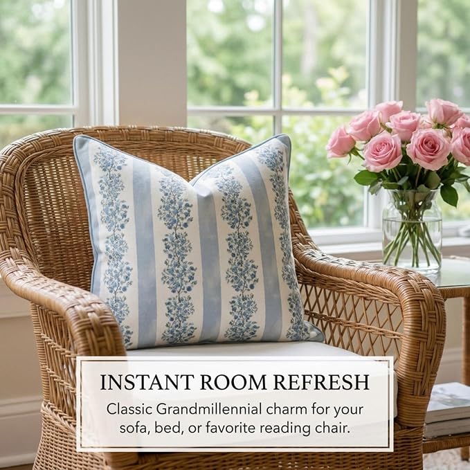 Jillien Harbor “The Juliet” Floral Block Print Pillow Cover – Soft Blue and Off-White Decorative Throw Pillow Cover – Grandmillennial Home Decor, 20" x 20"