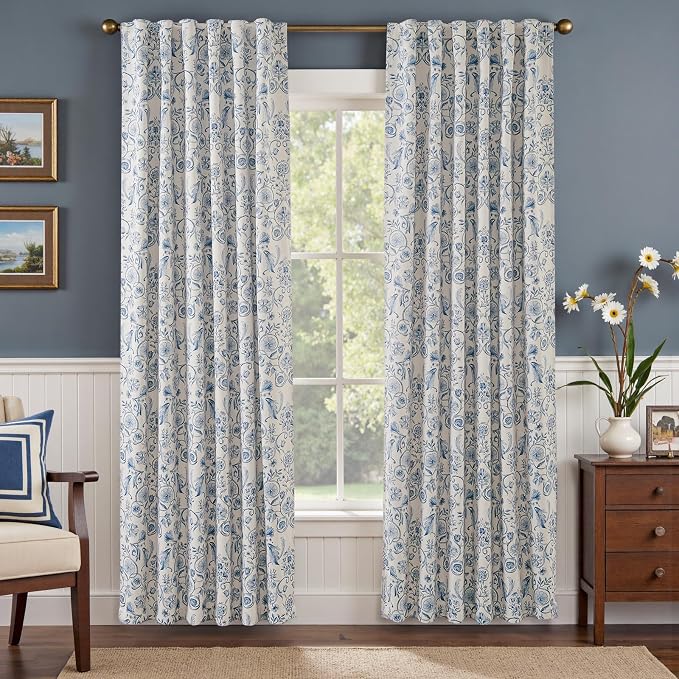 jinchan Floral Blackout Curtains for Bedroom Living Room 84 Inches Length Farmhouse Curtains Room Darkening Vintage Drapes Traditional Rod Pocket Window Treatment 2 Panels Set Blue on Beige