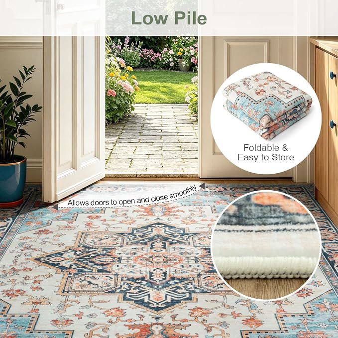 Lofus 5x7 Washable Rugs Non-Slip, Vintage Floral Area Rug for Living Room Bedroom Dining Room Kitchen, Low Pile Distress Print Carpet Home Decor Rug, Octagram Medallion Orange Blue Ivory