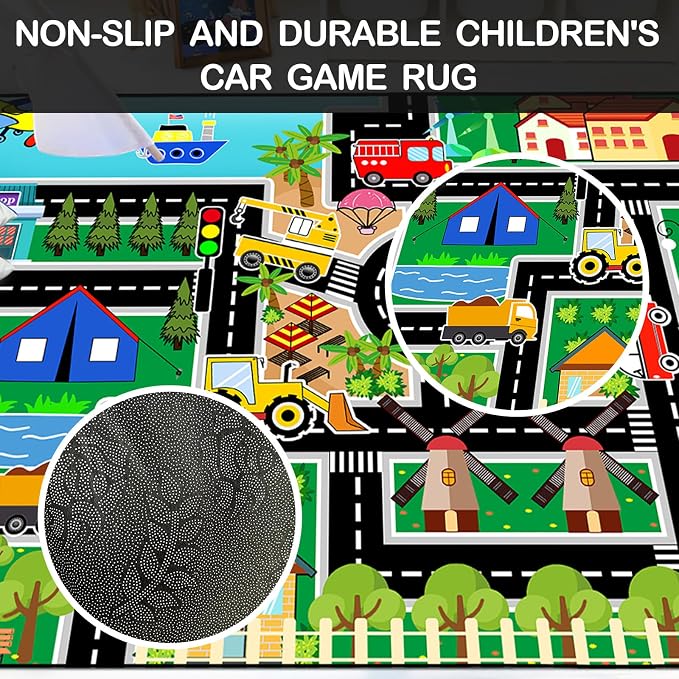 Car Rug Play Mat - Road Rug for Boys Room, Fun Race Track Traffic Road Carpet for Boys Playmat Educational Learn, Car Carpet for Room Decor Playmat Bedroom Playroom, 2.5x4 Feet