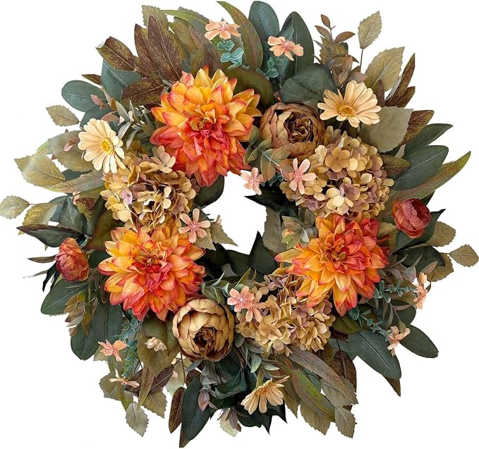 WANNA-CUL 24in Fall Front Door Wreath Dahlia Hydrangea Peony Table Decor | Twig-base autumn wreath with storage box for yearly reuse, ideal Thanksgiving indoor & covered outdoor seasonal gift