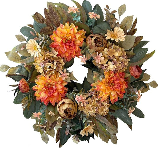 WANNA-CUL 24in Fall Front Door Wreath Dahlia Hydrangea Peony Table Decor | Twig-base autumn wreath with storage box for yearly reuse, ideal Thanksgiving indoor & covered outdoor seasonal gift