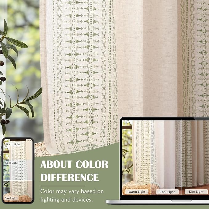 jinchan Boho Curtains for Bedroom Linen Blend Curtains Sage Green Embroidered Bordered Living Room Drapes 96 Inch Length Light Filtering Grommet Window Treatments 2 Panels Sage on Beige